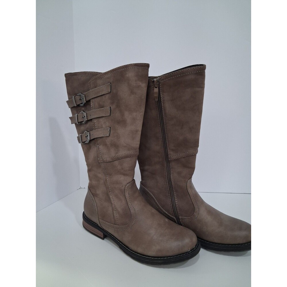 Patrizia Dercetis Mid-Calf Riding Boots Size 9 Taupe Faux Suede Triple Buckle